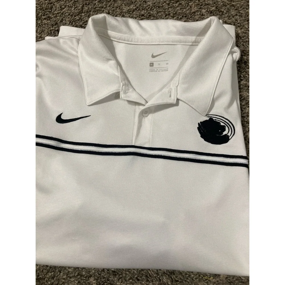 Nike Polo Shirt Mens XL White Black Stripe Swoosh‎ Golf Athletic Dri Fit Spot